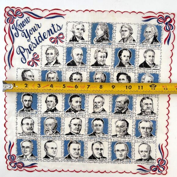 Vtg 50s Know Your Presidents Scallop Hem Novelty Print Hanky Scarf USA Patriot - Picture 3 of 3